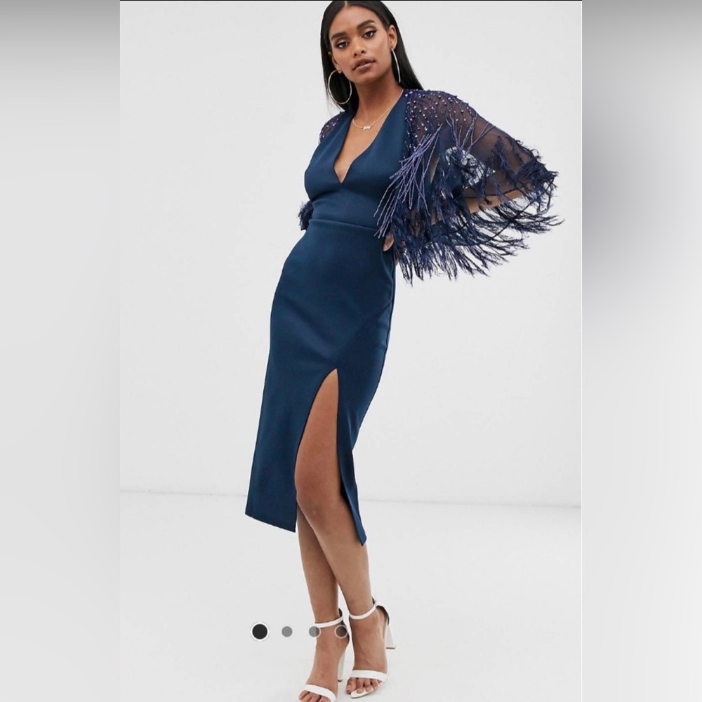 ASOS Design Navy Faux Feather Cape MIDI Dress